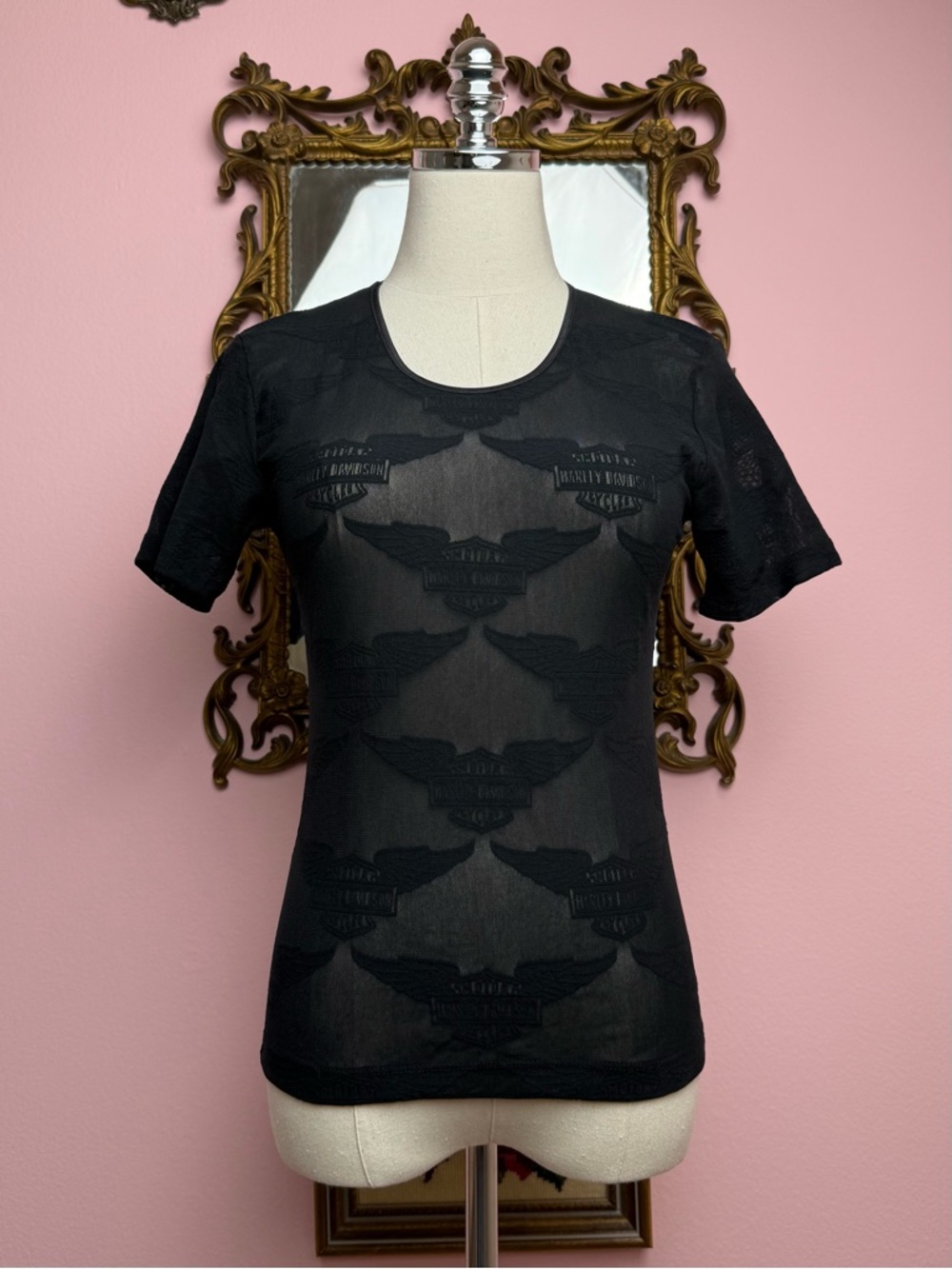 90’s Vintage Harley Davidson Motorcycle Logo Mesh Black Sheer Top Medium